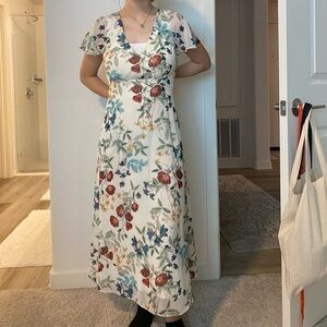 Floral V-Neck Dress - Cream with Multicolor Accents